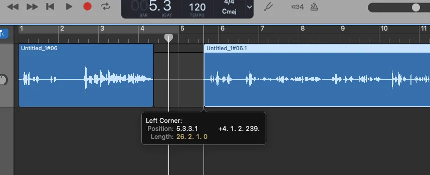 Xóa một phần của clip đã tách và tự động di chuyển các clip còn lại trong GarageBand, tối ưu hóa quy trình biên tập podcast.