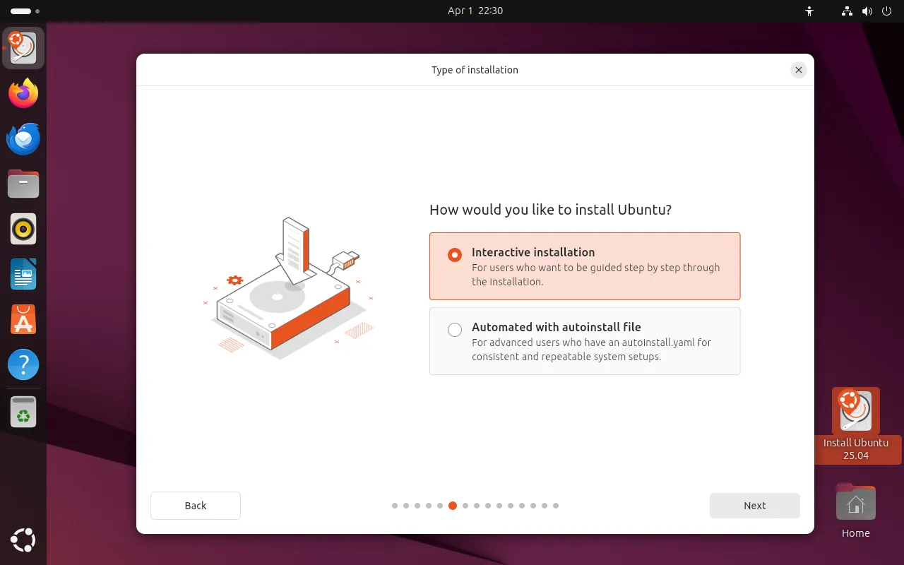 Ảnh chụp màn hình trình cài đặt Ubuntu 25.04 với các tùy chọn cài đặt