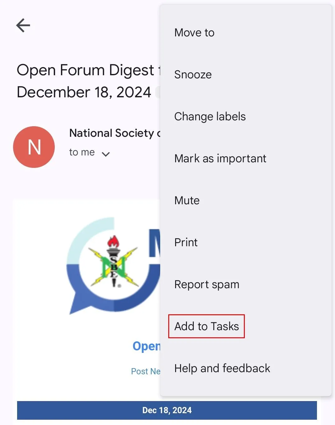 Ảnh chụp màn hình ứng dụng Gmail trên điện thoại, hiển thị menu ba chấm và tùy chọn 'Thêm vào Tasks' để tạo nhiệm vụ từ email.
