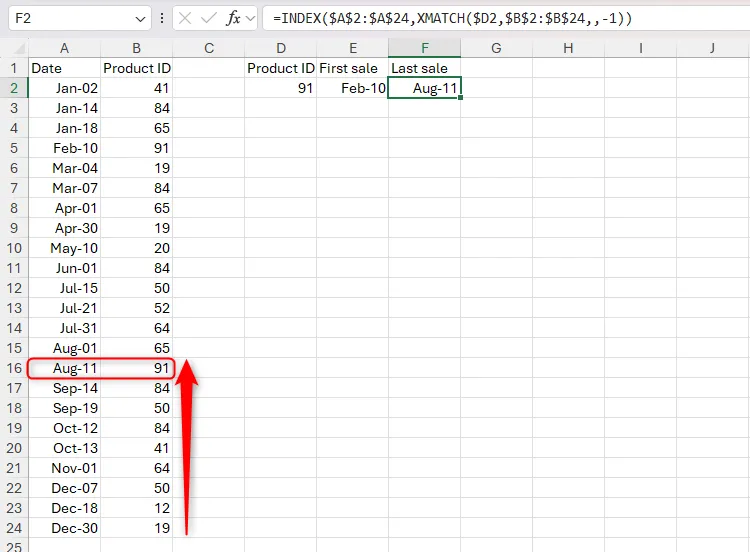 Bảng tính Excel ứng dụng INDEX và XMATCH với chế độ tìm kiếm ngược để xác định ngày bán sản phẩm cuối cùng