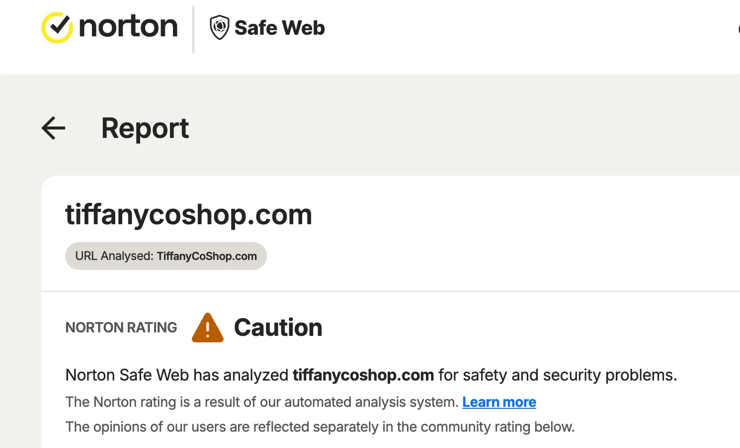 Báo cáo của Norton Safe Web về một trang web bị nghi ngờ lừa đảo