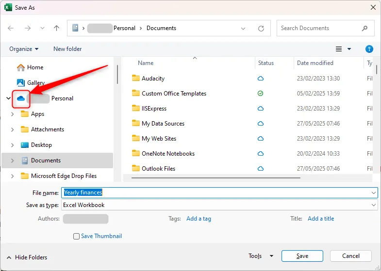 Biểu tượng đám mây OneDrive được tô sáng trong hộp thoại Save As của Excel