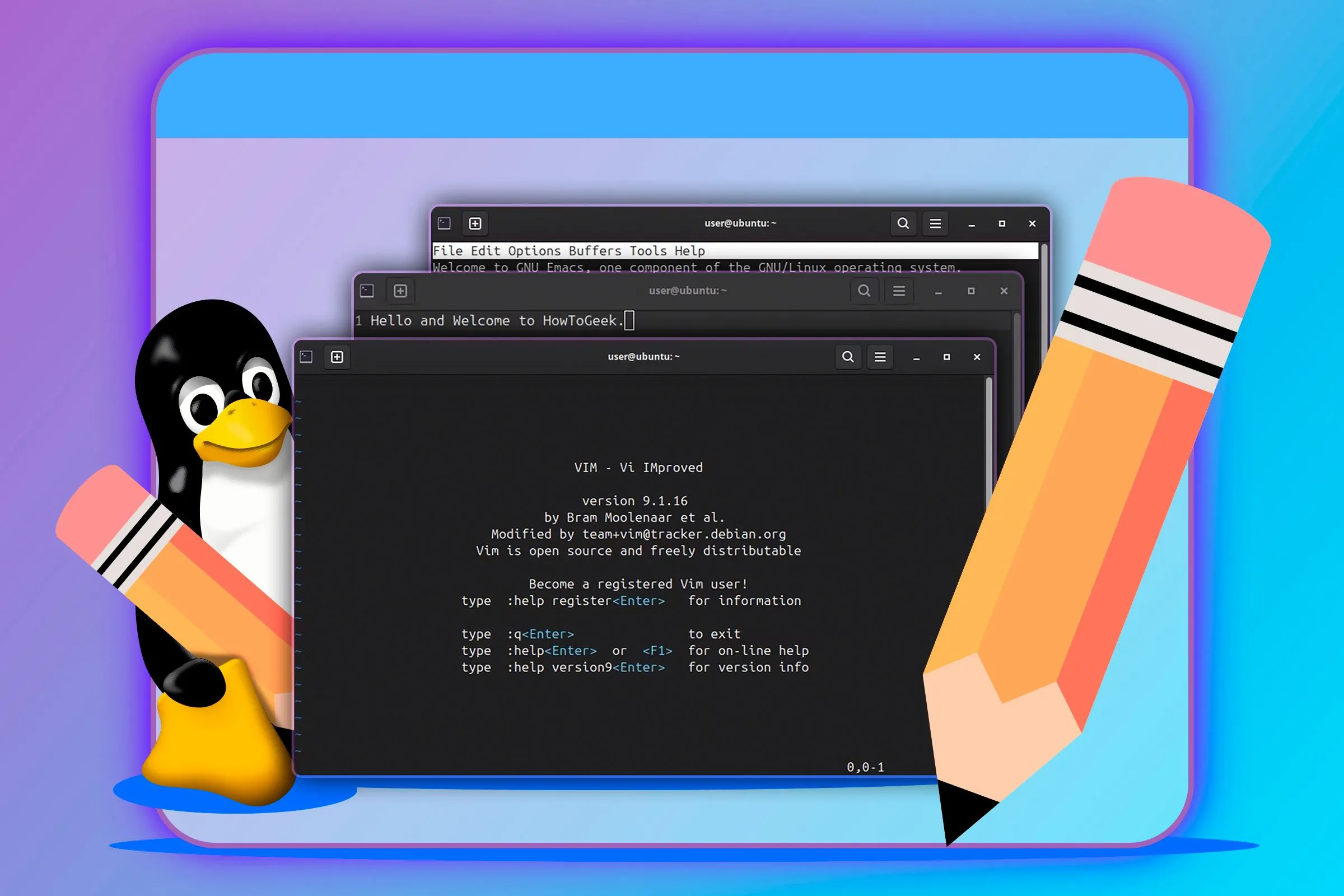 Biểu tượng Linux và ba trình soạn thảo văn bản phổ biến: Vim, Emacs và nano