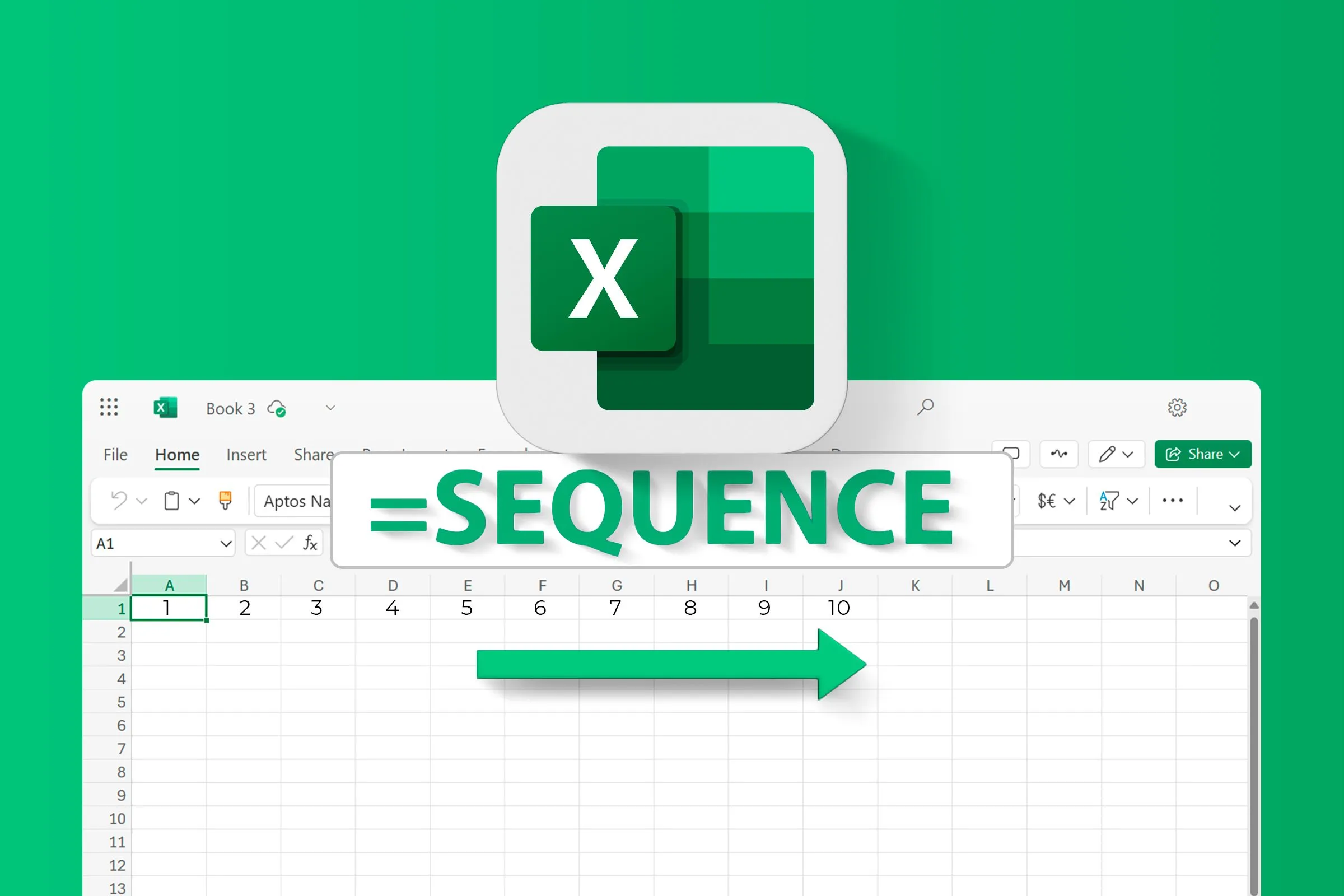 Biểu tượng Microsoft Excel cùng bảng tính hiển thị công thức SEQUENCE, minh họa cách tạo chuỗi số tự động.