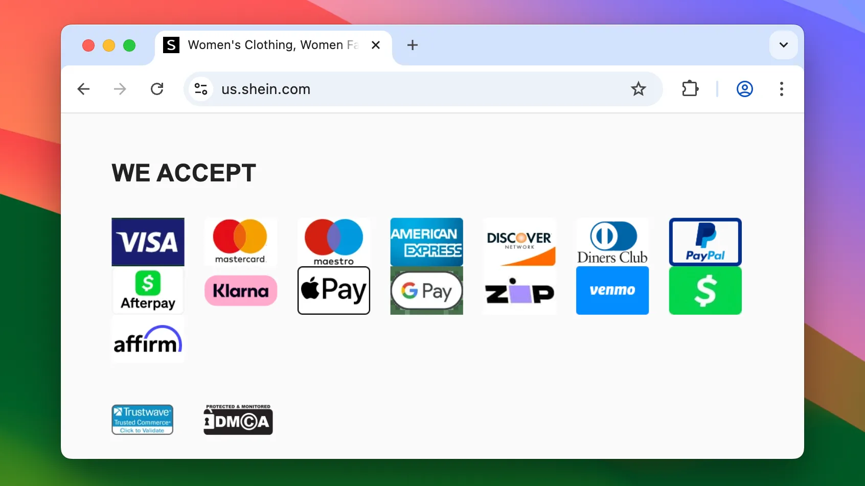 Các phương thức thanh toán hợp pháp được cung cấp bởi trang web SHEIN