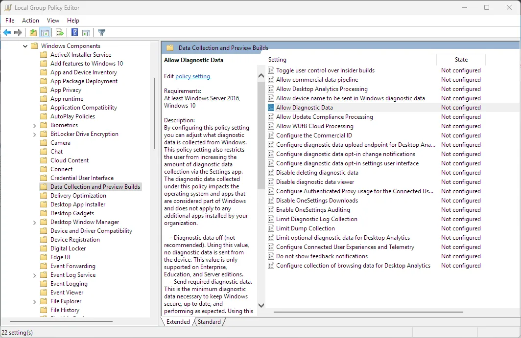 Cài đặt chính sách nhóm của Windows 11 hiển thị tùy chọn cho phép dữ liệu chẩn đoán, thu thập và gửi thông tin về Microsoft