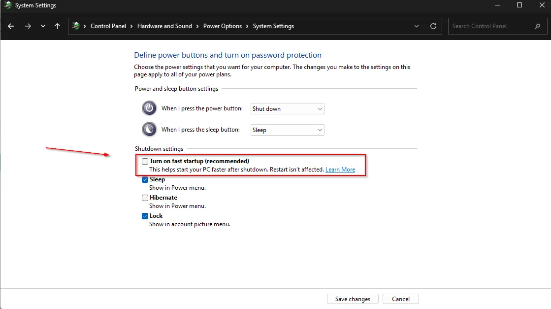 Cài đặt Power Options của Windows 11 hiển thị tùy chọn &quot;Turn on fast startup&quot; đã được bỏ chọn