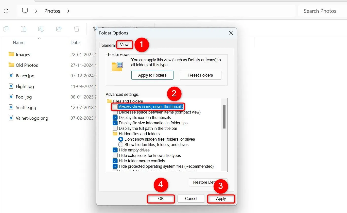 Cài đặt tùy chọn hiển thị icon và thumbnail trong Windows 11