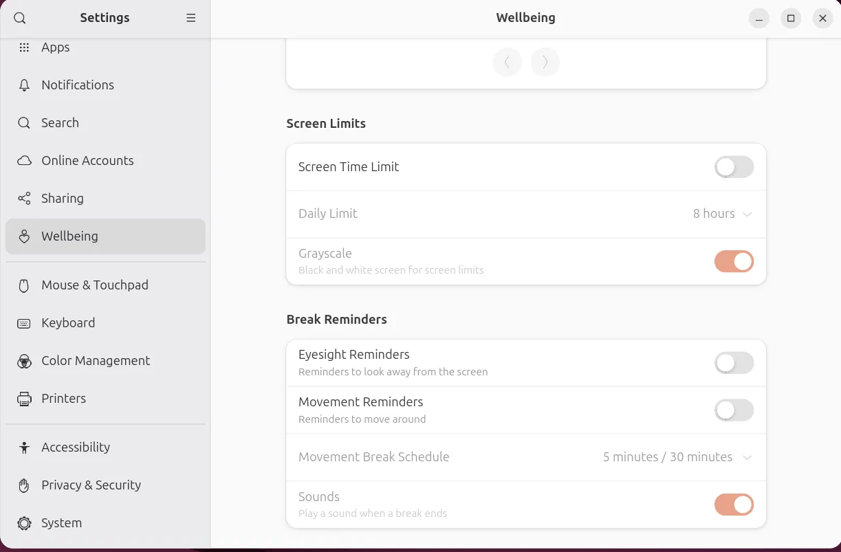 Cài đặt Wellbeing trong Ubuntu 25.04 hiển thị thời gian sử dụng ứng dụng
