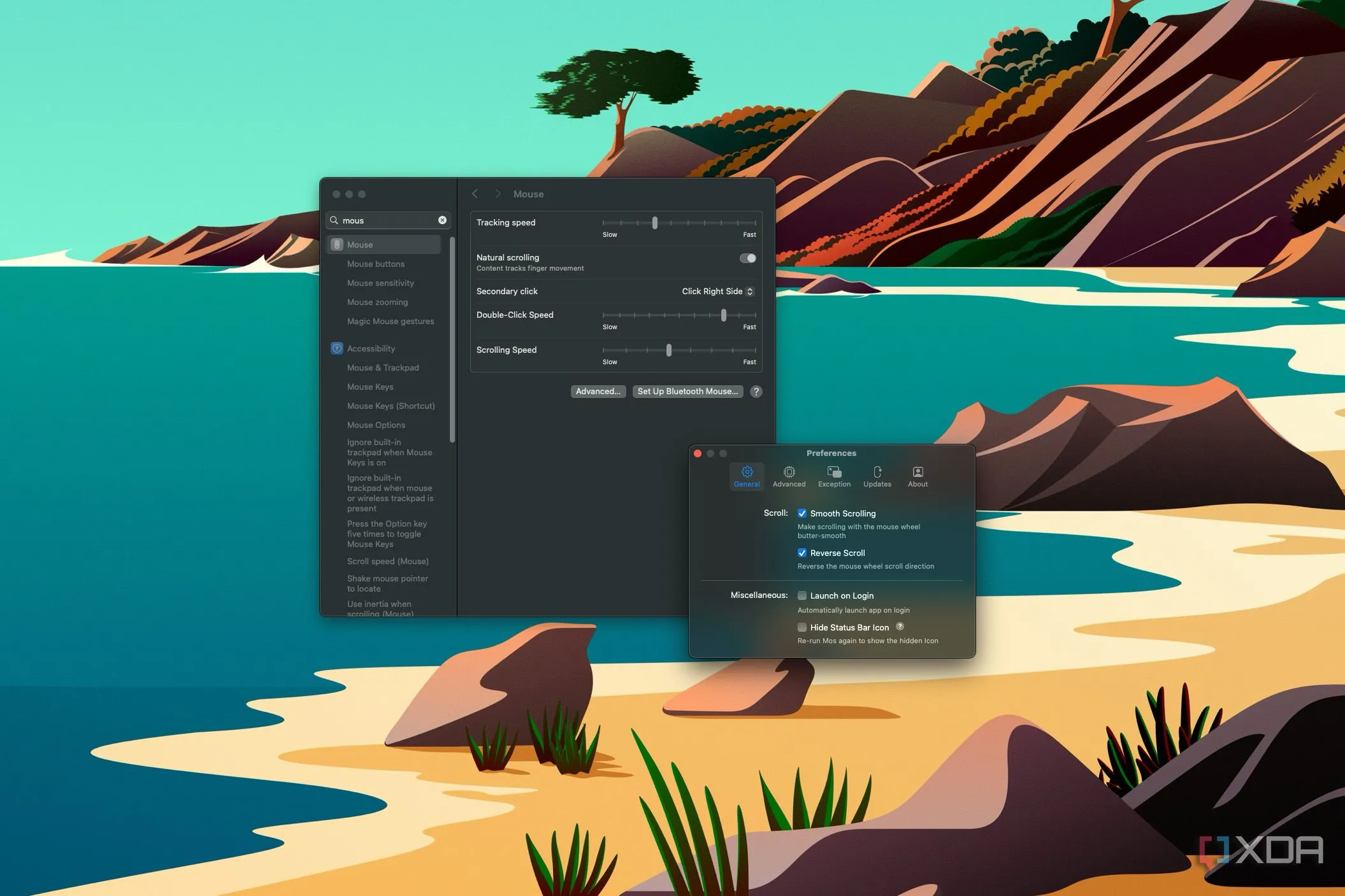 Giao diện cài đặt cuộn chuột của macOS và ứng dụng Mos, hiển thị các tùy chọn tinh chỉnh