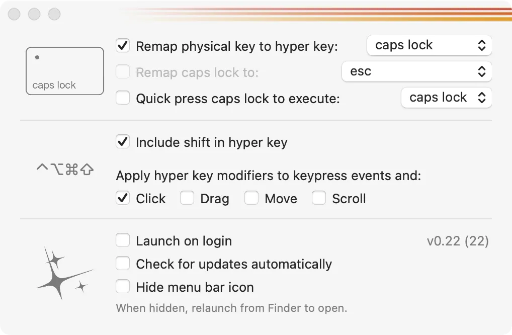 Giao diện cài đặt HyperKey trên macOS, hiển thị cách ánh xạ lại phím Caps Lock thành một tổ hợp phím phức tạp cho các phím tắt tiện lợi.