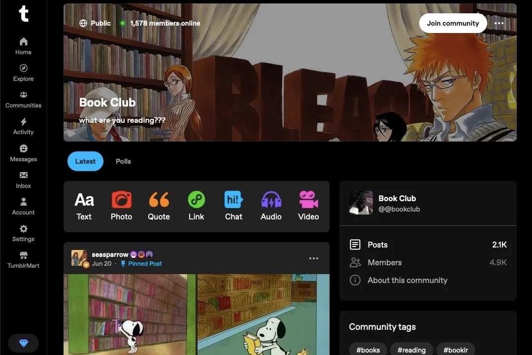 Giao diện cộng đồng &quot;Book Club&quot; trên Tumblr, minh họa dashboard riêng biệt với các bài đăng và cuộc thăm dò