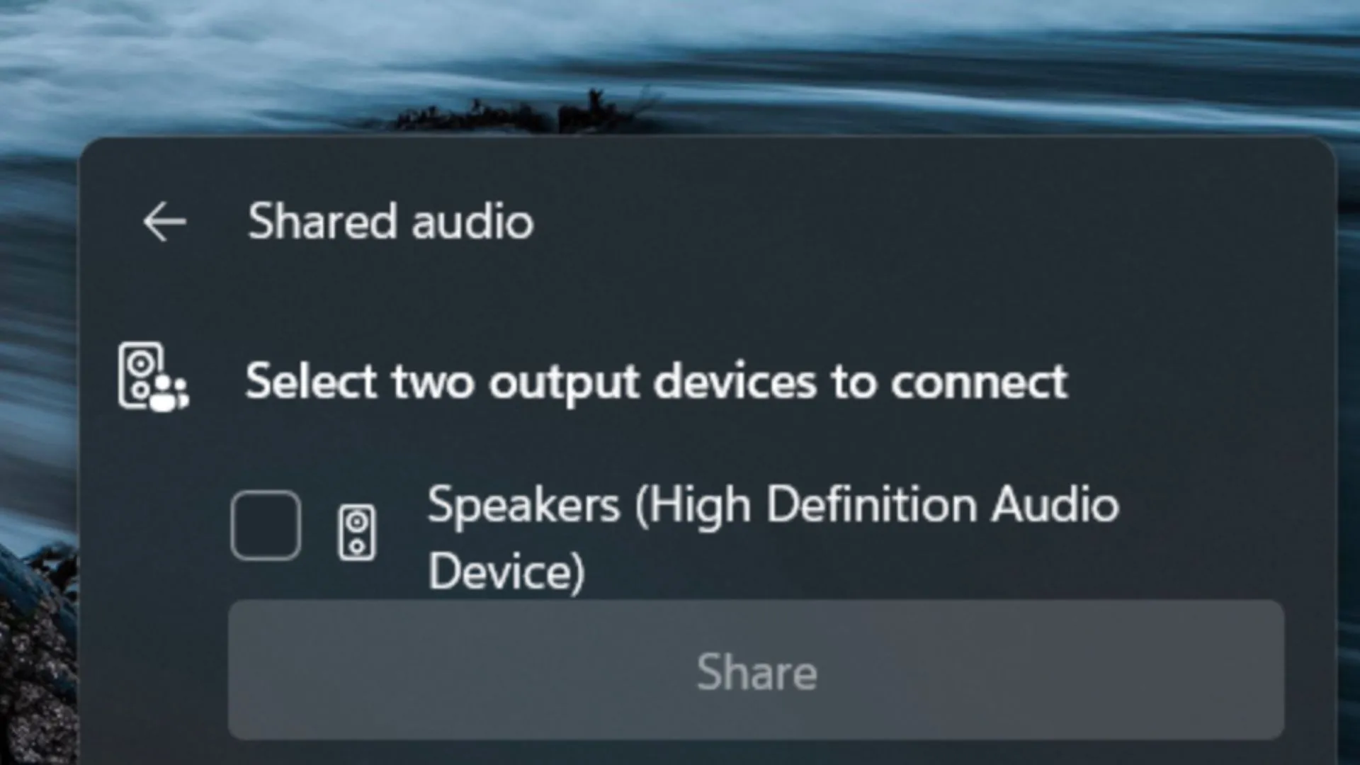 Giao diện Quick Settings Windows 11 hiển thị tùy chọn chia sẻ âm thanh