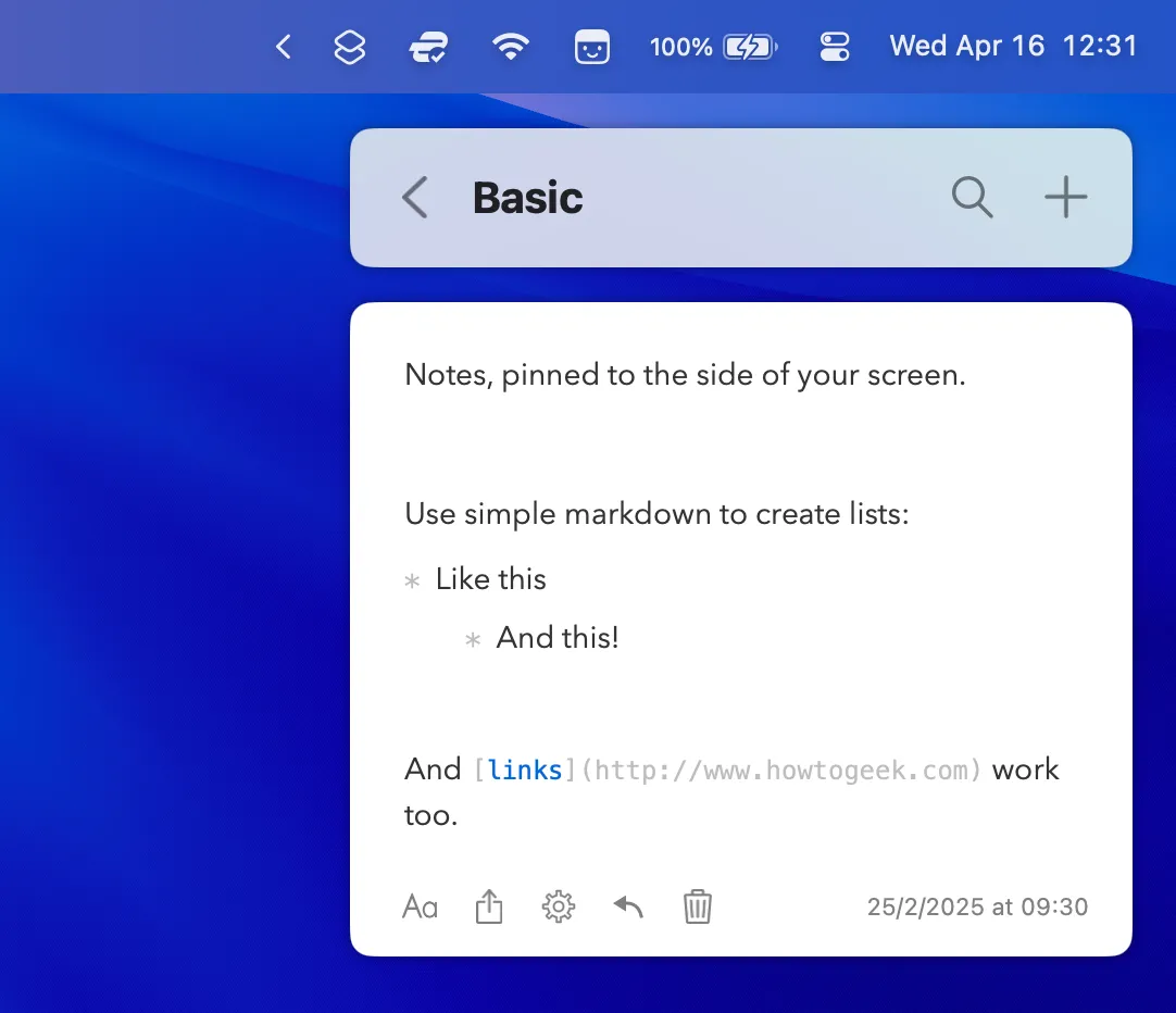 Giao diện SideNotes trên macOS, hiển thị các ghi chú được ghim ở cạnh màn hình với nhiều tùy chọn tổ chức và định dạng.