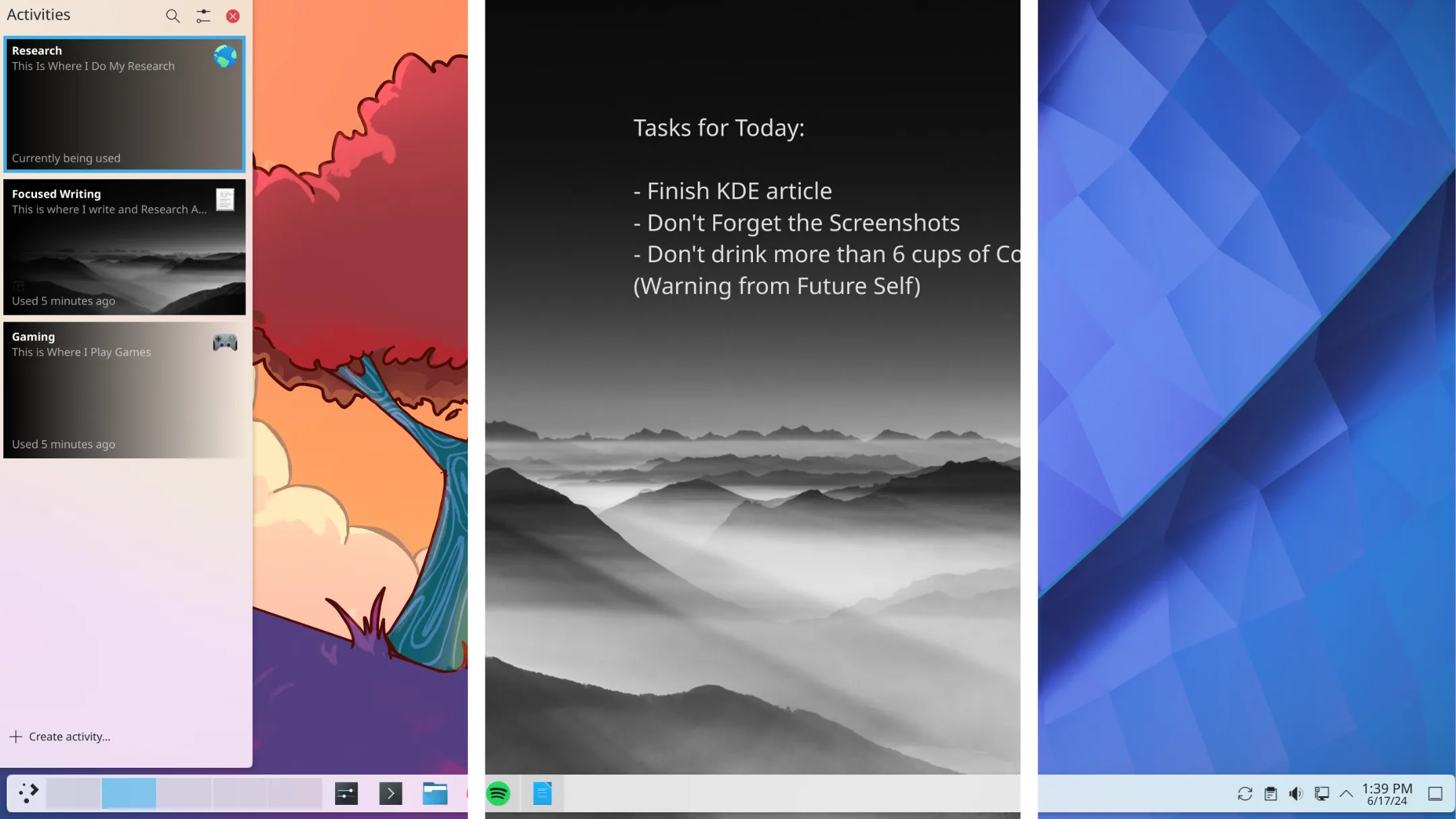 Giao diện tổng quan của KDE Activities, cho phép quản lý các không gian làm việc đa nhiệm và bố cục ứng dụng khác nhau trên Linux