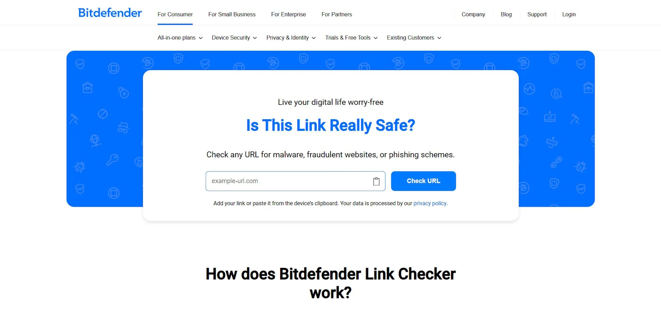 Giao diện trang chủ Bitdefender Link Checker, công cụ kiểm tra URL an toàn