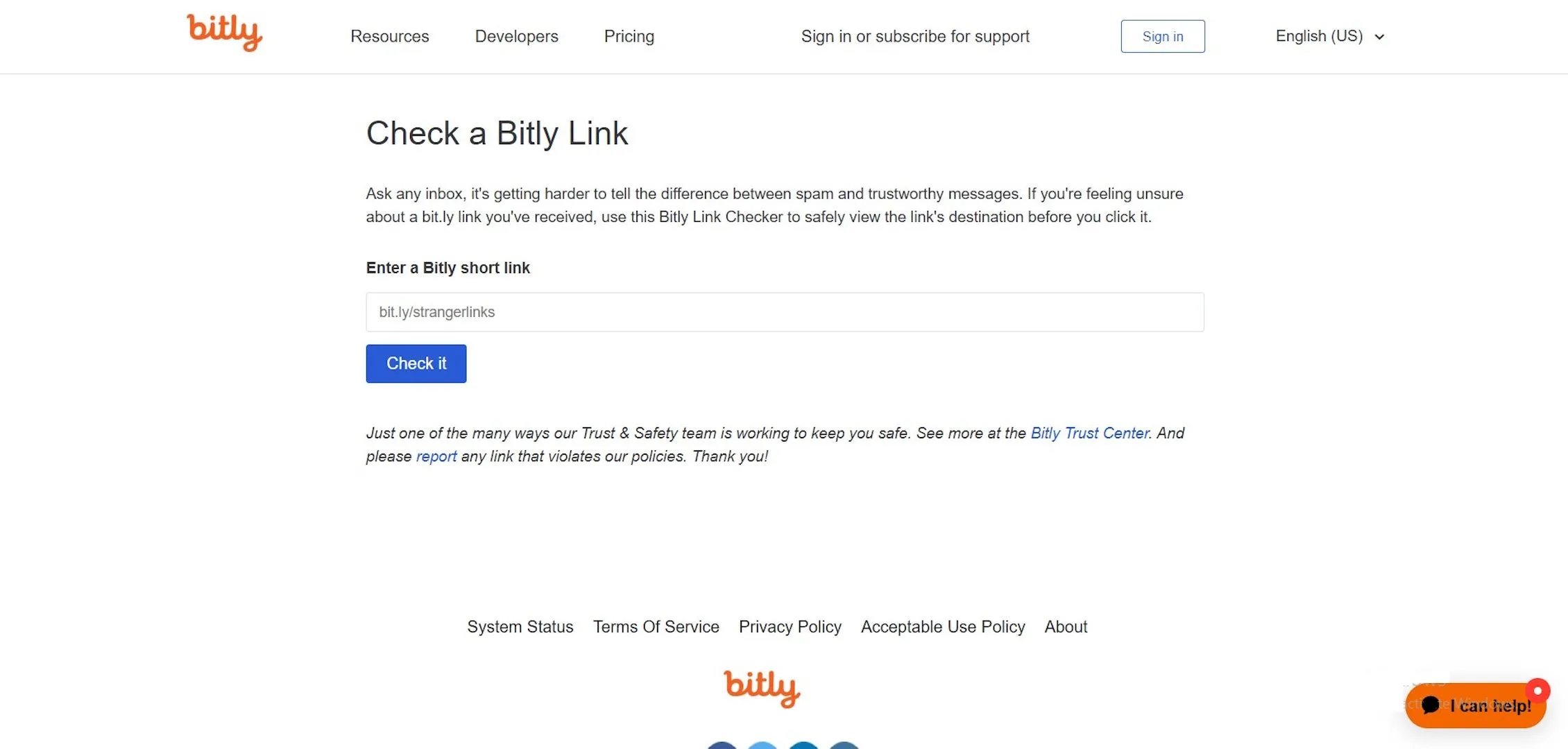Giao diện trang chủ Bitly Link Checker, dùng để giải mã các liên kết rút gọn và kiểm tra URL
