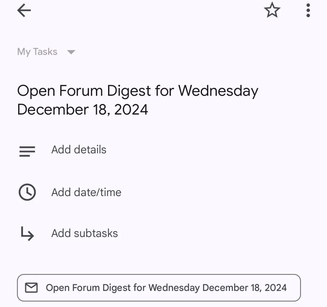 Giao diện ứng dụng Google Tasks trên điện thoại, cho phép người dùng xem, chỉnh sửa tiêu đề và thêm ghi chú chi tiết cho nhiệm vụ.