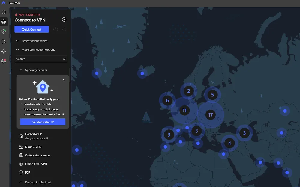 Giao diện ứng dụng NordVPN với bản đồ thể hiện kết nối máy chủ, minh họa tính năng bảo mật VPN.