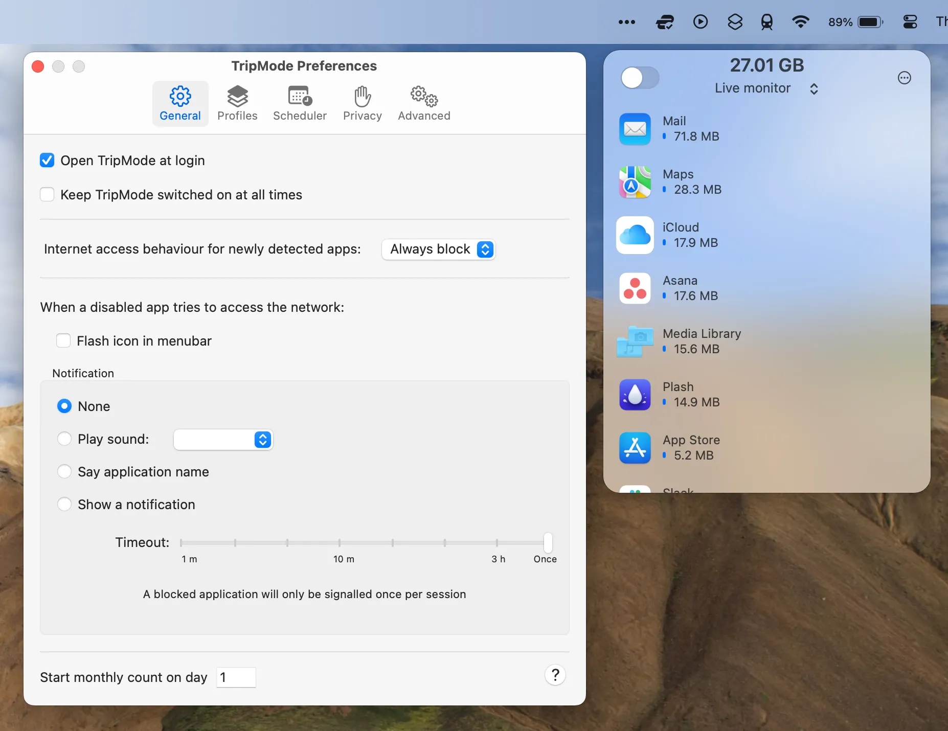 Giao diện ứng dụng TripMode trên macOS, hiển thị danh sách các ứng dụng đang sử dụng dữ liệu và tùy chọn lọc cho điểm truy cập cá nhân.