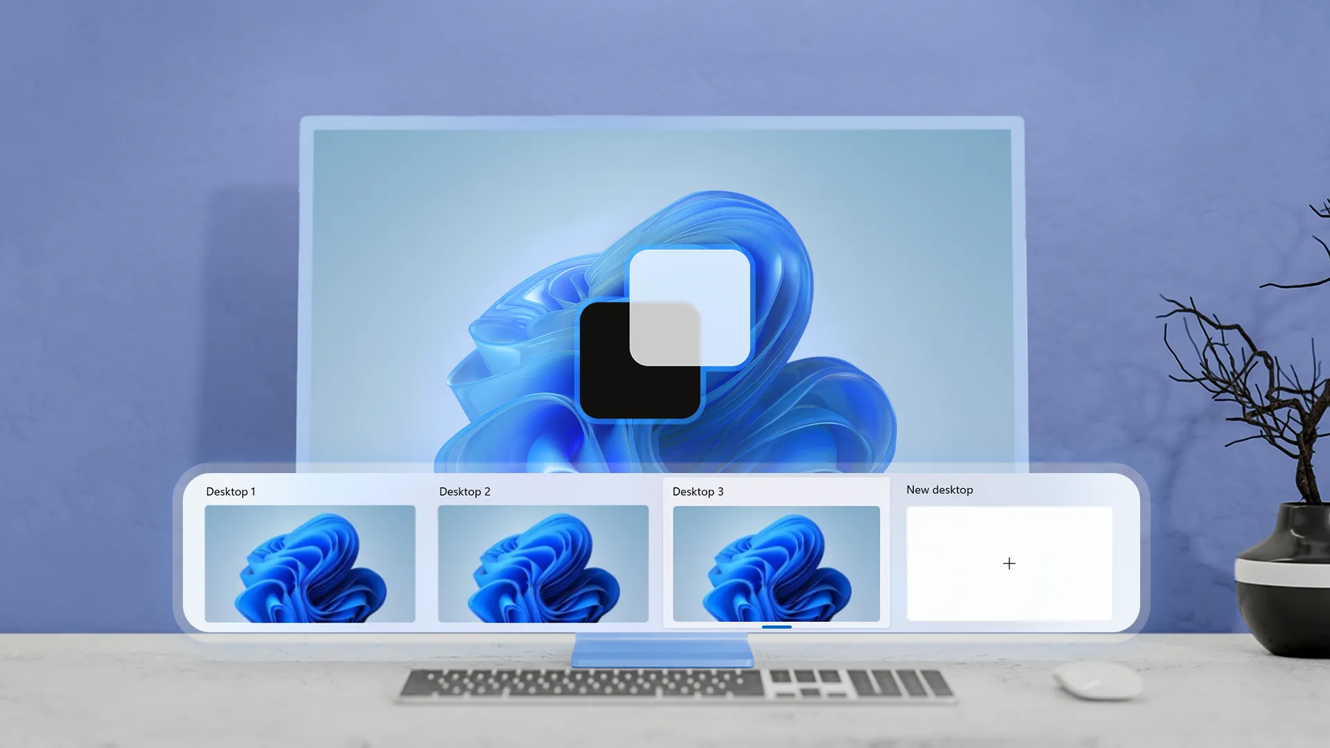 Giao diện Windows 11 hiển thị các màn hình ảo, một giải pháp hiệu quả để tổ chức công việc và đa nhiệm thay vì sử dụng nhiều màn hình vật lý.
