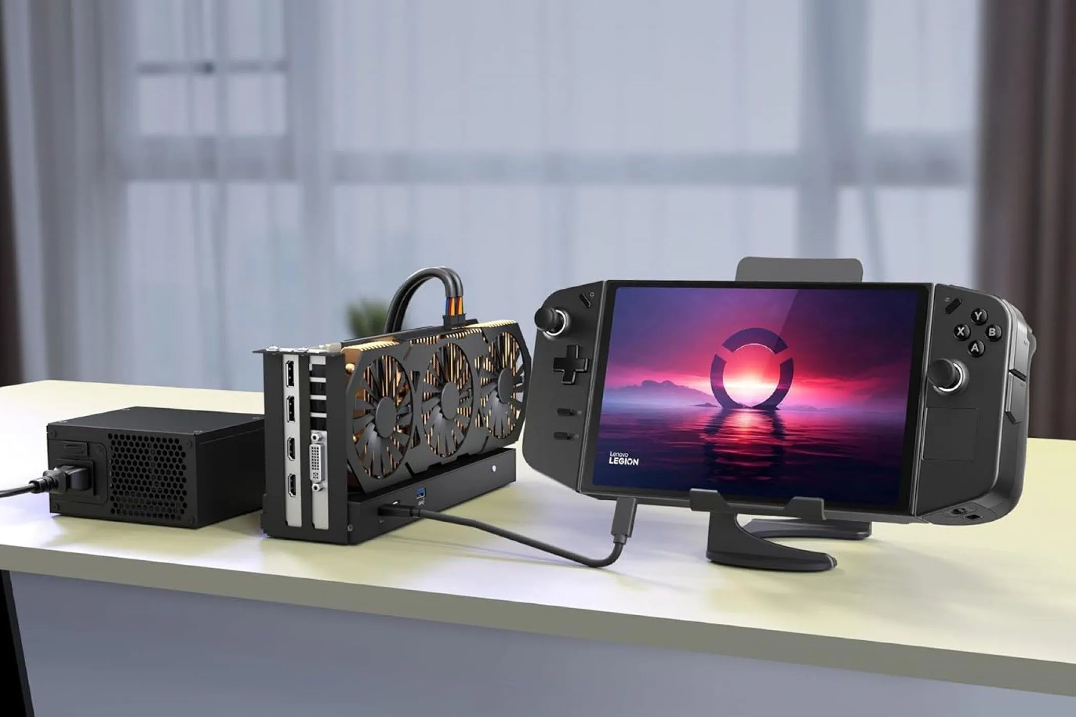 Hộp đựng eGPU Thunderbolt 3 của TREBLEET với card đồ họa và PSU bên trong, kết nối với Lenovo Legion GO