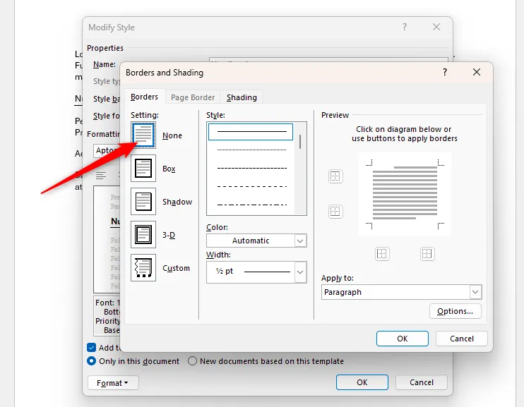 Hộp thoại &quot;Borders And Shading&quot; trong Microsoft Word, với tùy chọn &quot;None&quot; được chọn để xóa viền