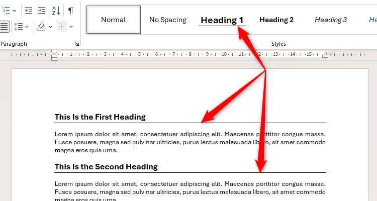 Kết quả áp dụng viền dưới cho tiêu đề Heading 1 trên giao diện Microsoft Word