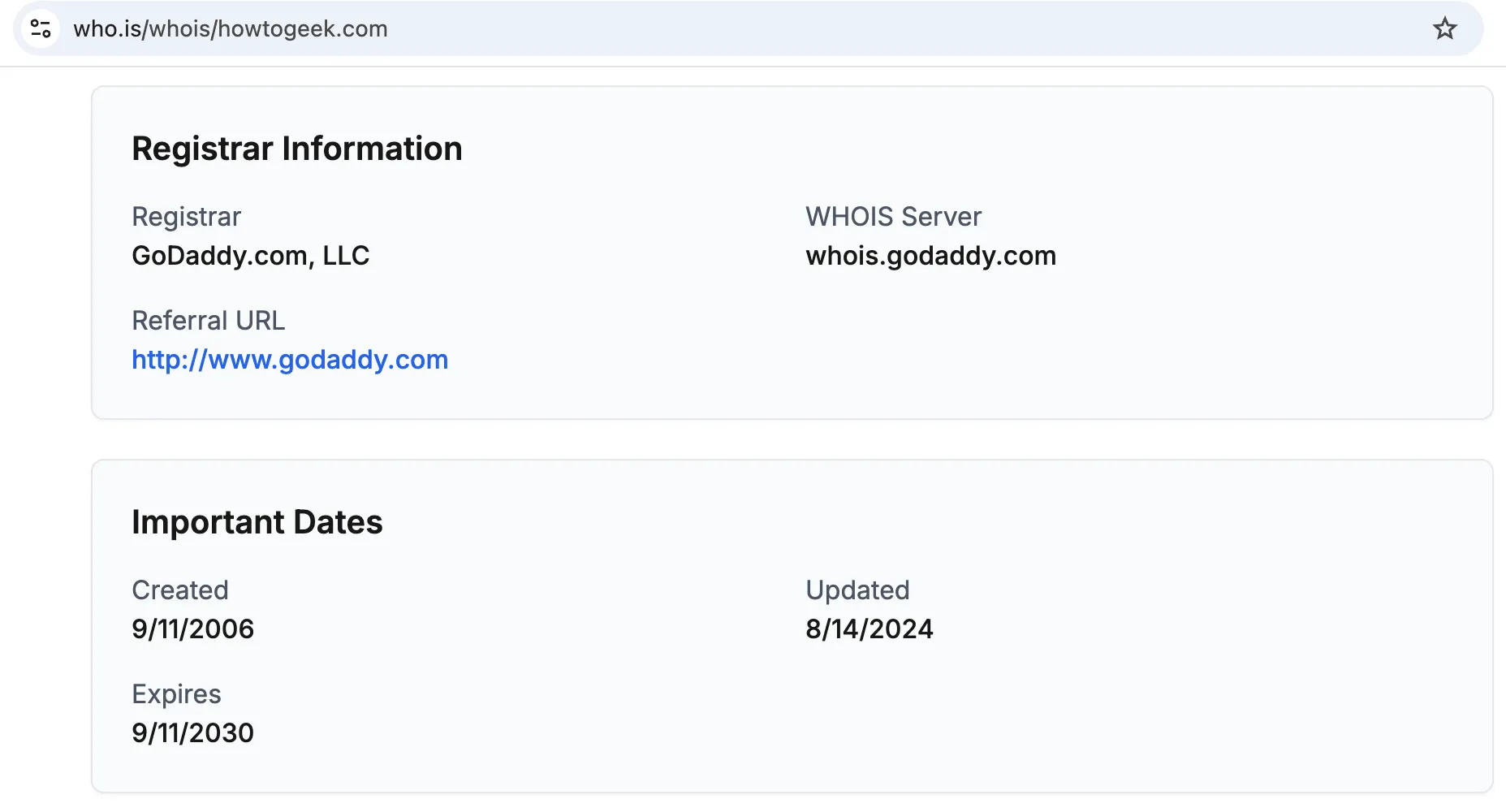 Kết quả tra cứu Whois của tên miền howtogeek.com hiển thị thông tin đăng ký