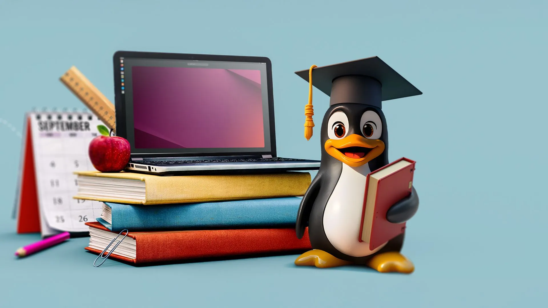 Laptop đặt trên sách giáo khoa với linh vật Linux Tux đội mũ cử nhân, tượng trưng cho việc học lệnh Linux không cần ghi nhớ quá nhiều.