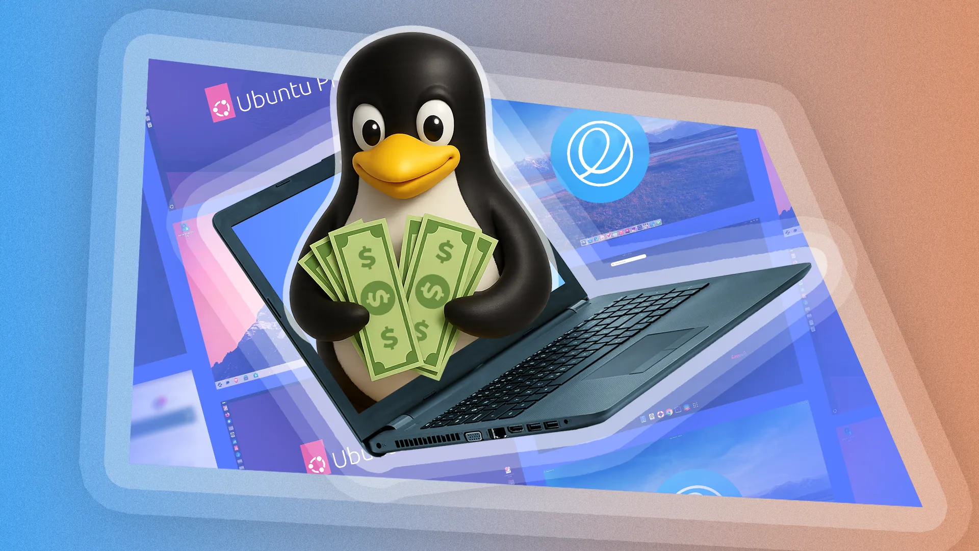 Linh vật Linux Tux cầm tiền, cùng các bản phân phối Linux ở phía sau, biểu thị lợi ích miễn phí của phần mềm mã nguồn mở