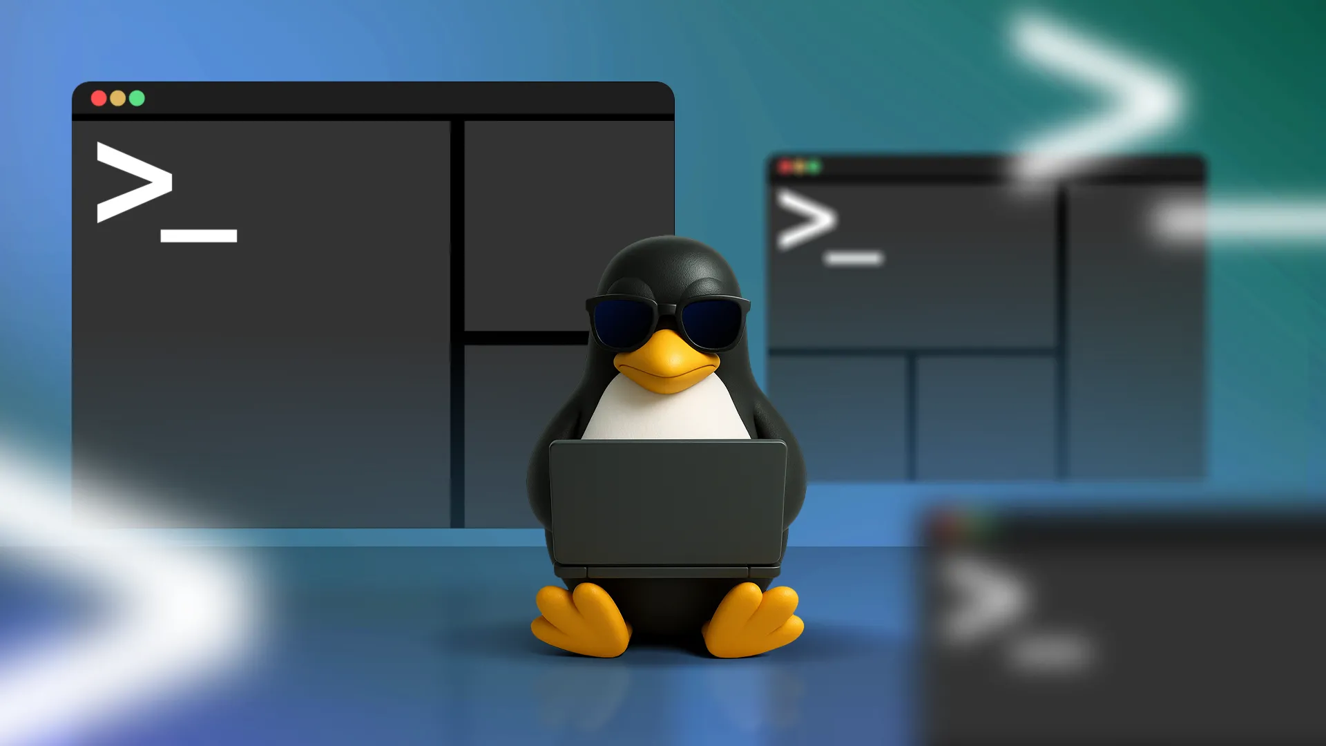 Linh vật Tux của Linux đang sử dụng laptop với nhiều cửa sổ terminal multiplexer xung quanh, minh họa sự tiếp cận dễ dàng.