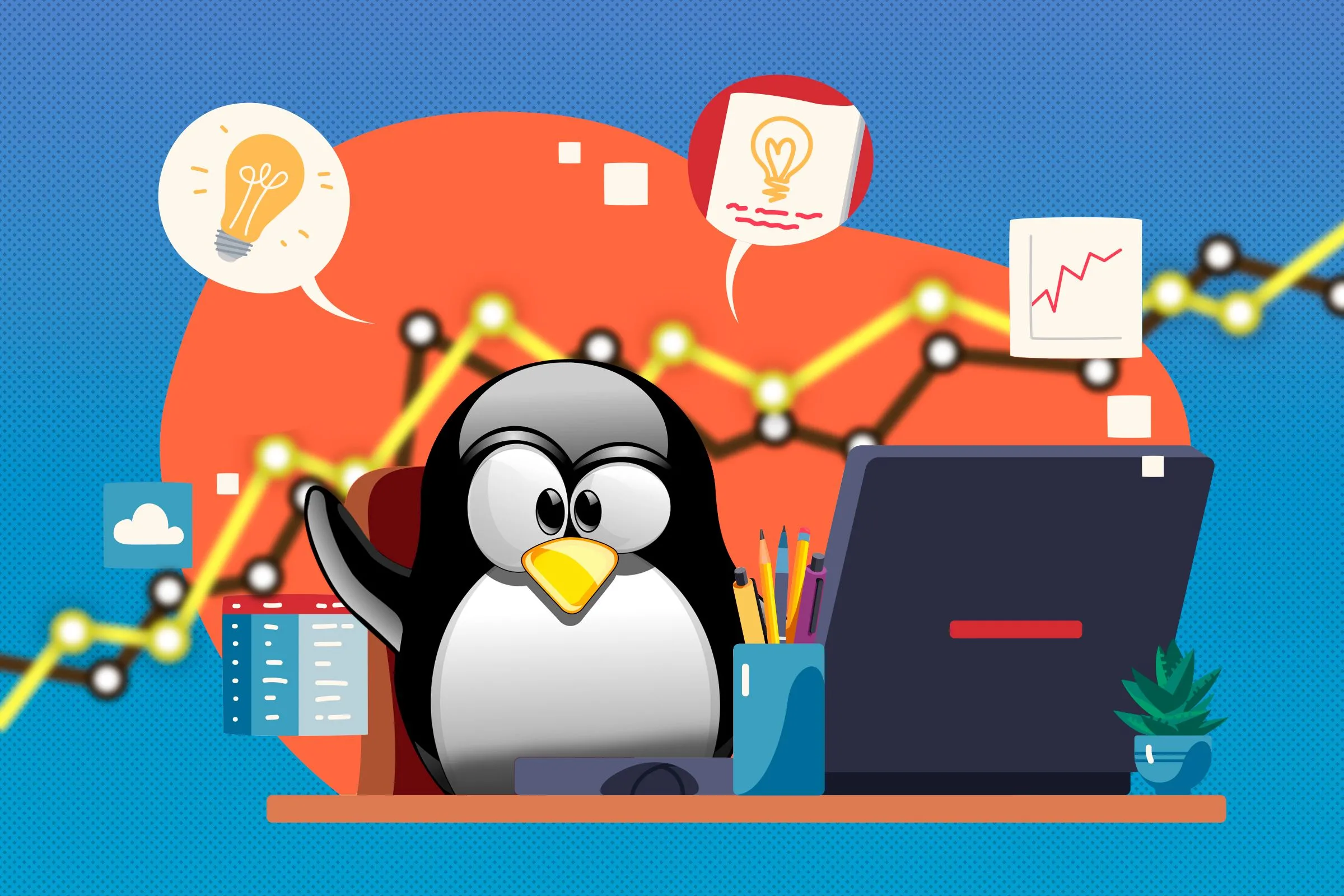 Linh vật Tux của Linux làm việc tại bàn với các biểu tượng liên quan đến năng suất xung quanh, minh họa khả năng làm việc hiệu quả trên Linux