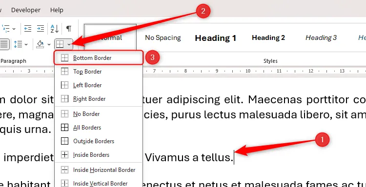 Lựa chọn &quot;Bottom Border&quot; trong menu thả xuống &quot;Borders&quot; của Microsoft Word để kẻ đường ngang