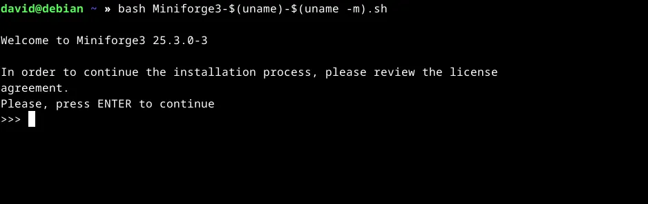 Màn hình cài đặt Miniforge, yêu cầu người dùng nhấn Enter để tiếp tục quá trình thiết lập Mamba