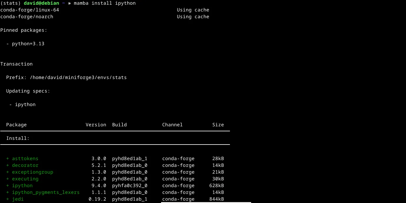 Màn hình terminal hiển thị quá trình cài đặt gói IPython vào môi trường Mamba 'stats' đã kích hoạt