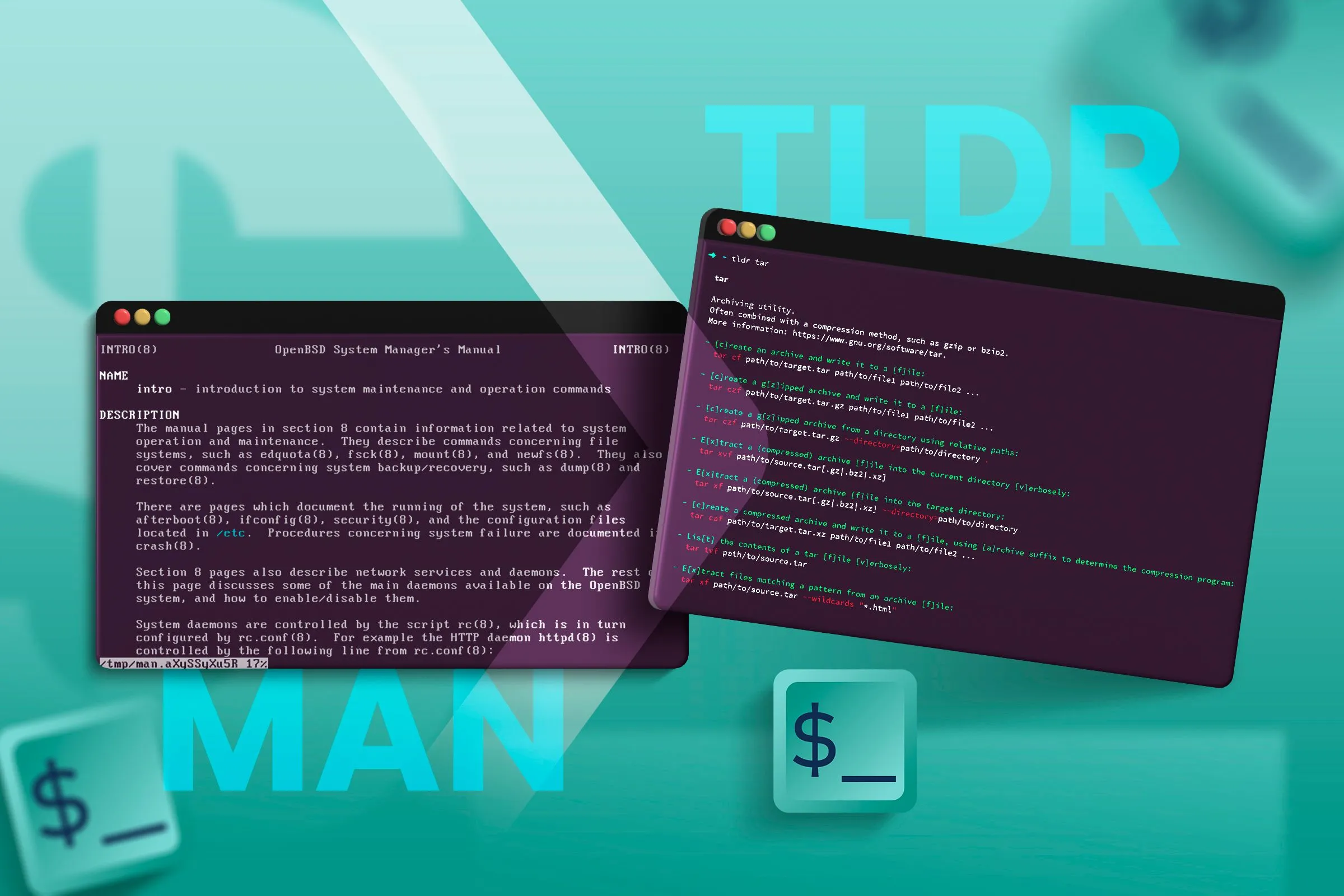 Màn hình terminal Linux hiển thị trang man page và trang tldr page, giúp người dùng hiểu rõ cú pháp và chức năng lệnh.