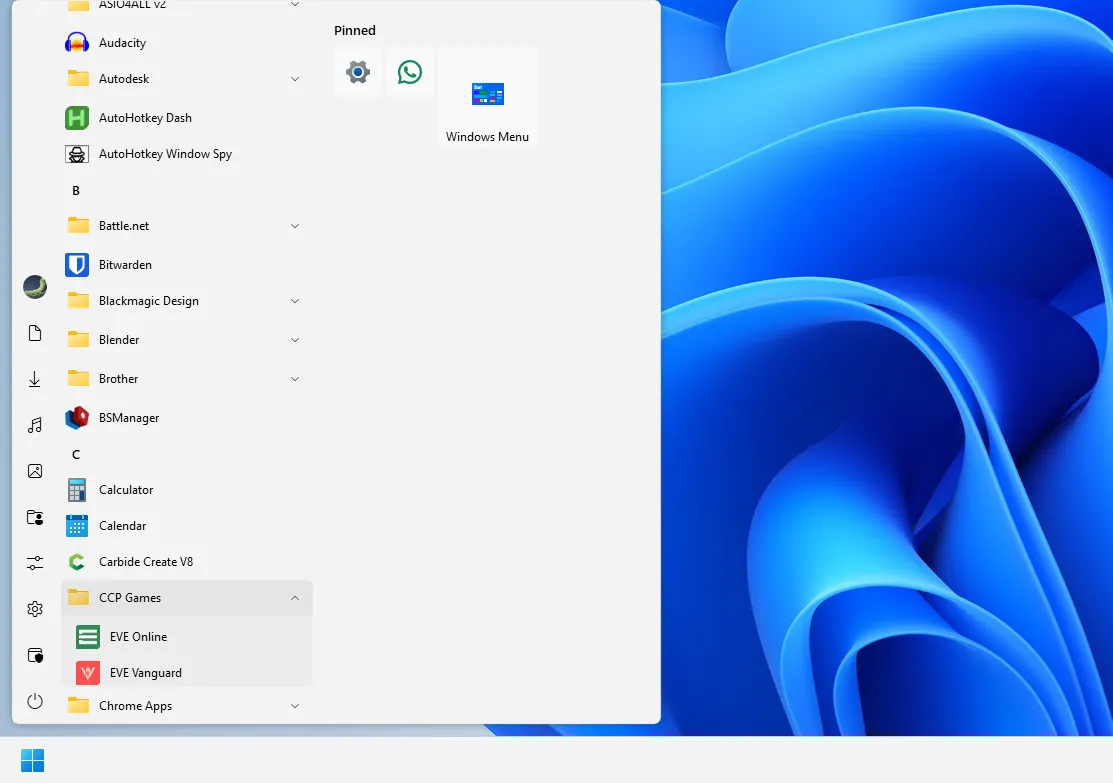 Menu Start kiểu Windows 10 hiển thị trên Windows 11, được tùy chỉnh bằng Start11 từ Object Desktop.