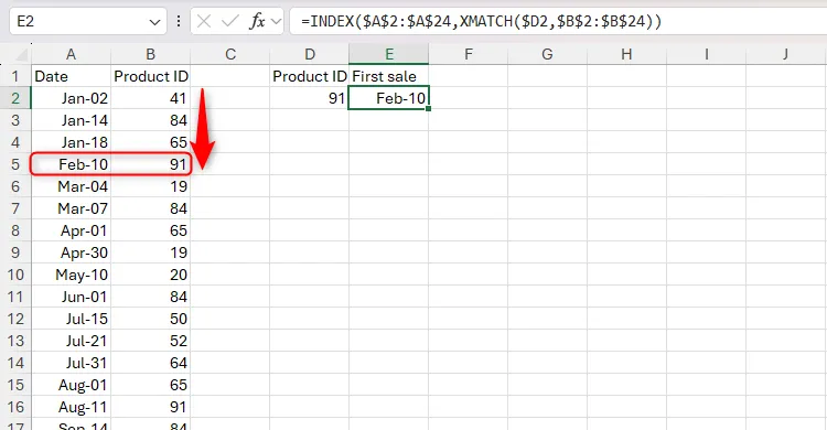 Minh họa bảng tính Excel sử dụng hàm INDEX và XMATCH kết hợp để tìm ngày bán sản phẩm đầu tiên