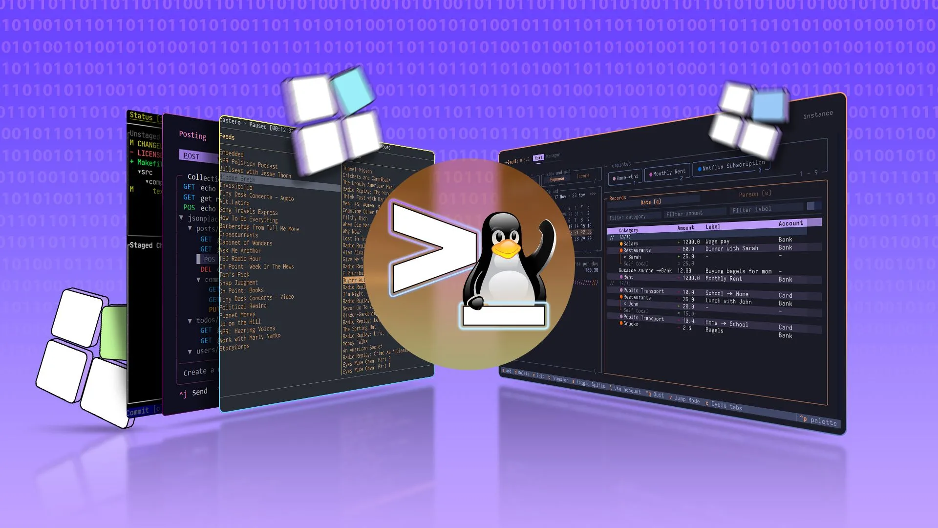 Minh họa giao diện người dùng văn bản (TUI) với biểu tượng Linux và các ứng dụng khác