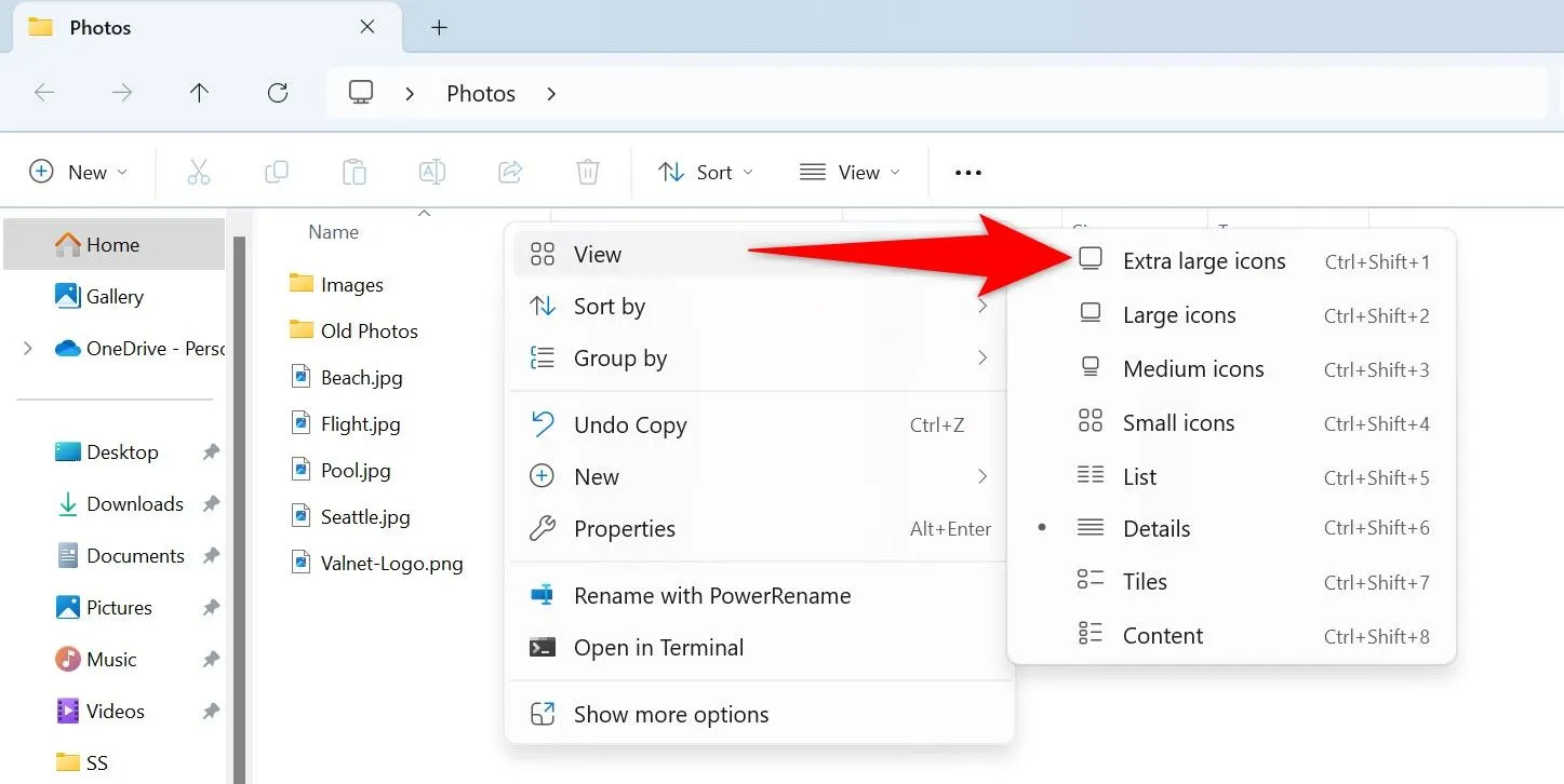 Phóng to biểu tượng tệp trong File Explorer để xem trước