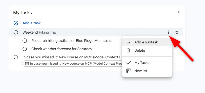 Tạo tác vụ con trong Google Tasks với các bước rõ ràng