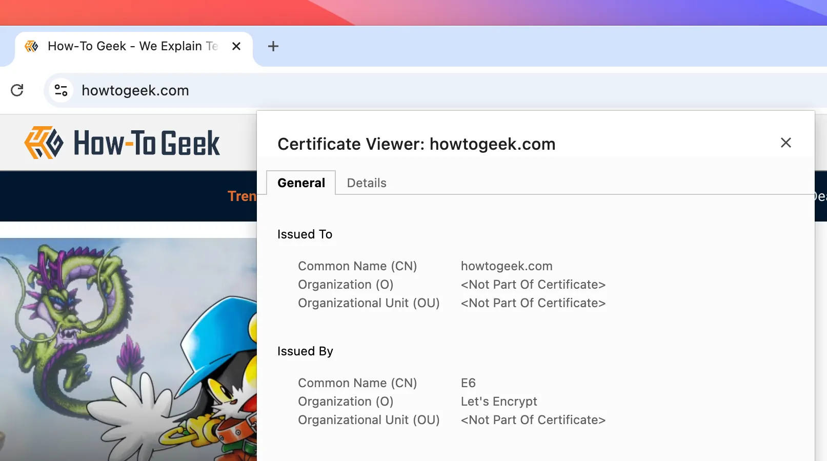 Thông tin chứng chỉ SSL của website howtogeek.com trong trình duyệt