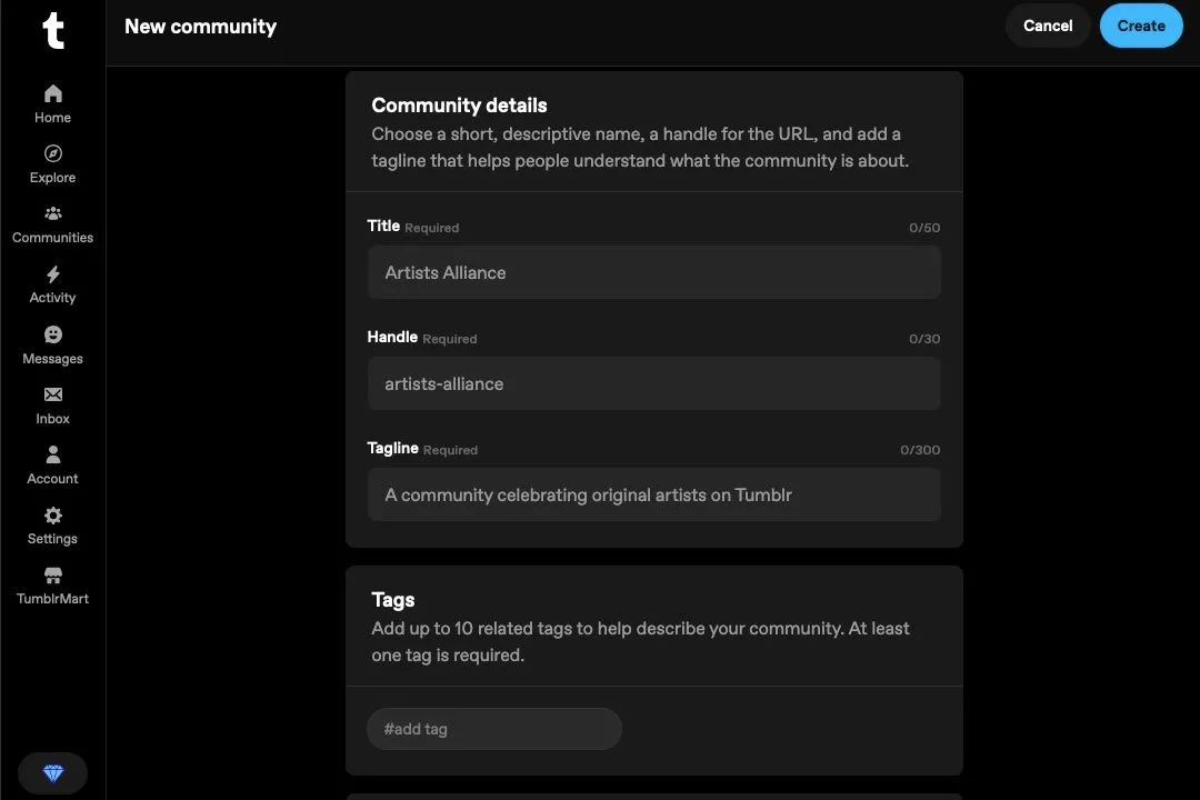 Trang tạo cộng đồng mới trên Tumblr, cho phép người dùng đặt tên, mô tả và cấu hình cài đặt riêng tư