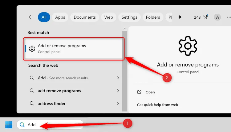 Từ &quot;Add&quot; được gõ vào trường tìm kiếm thanh tác vụ Windows 11 và &quot;Add Or Remove Programs&quot; được chọn trong kết quả