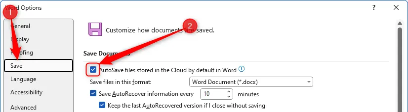 Tùy chọn &quot;AutoSave Files Stored In The Cloud By Default&quot; được chọn trong menu Save của hộp thoại Word Options