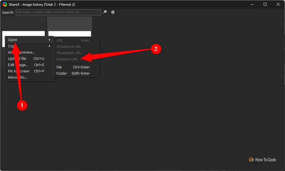Tùy chọn &quot;Deletion URL&quot; trong lịch sử ảnh của ShareX, giúp người dùng xóa hình ảnh đã tải lên từ dịch vụ đám mây.
