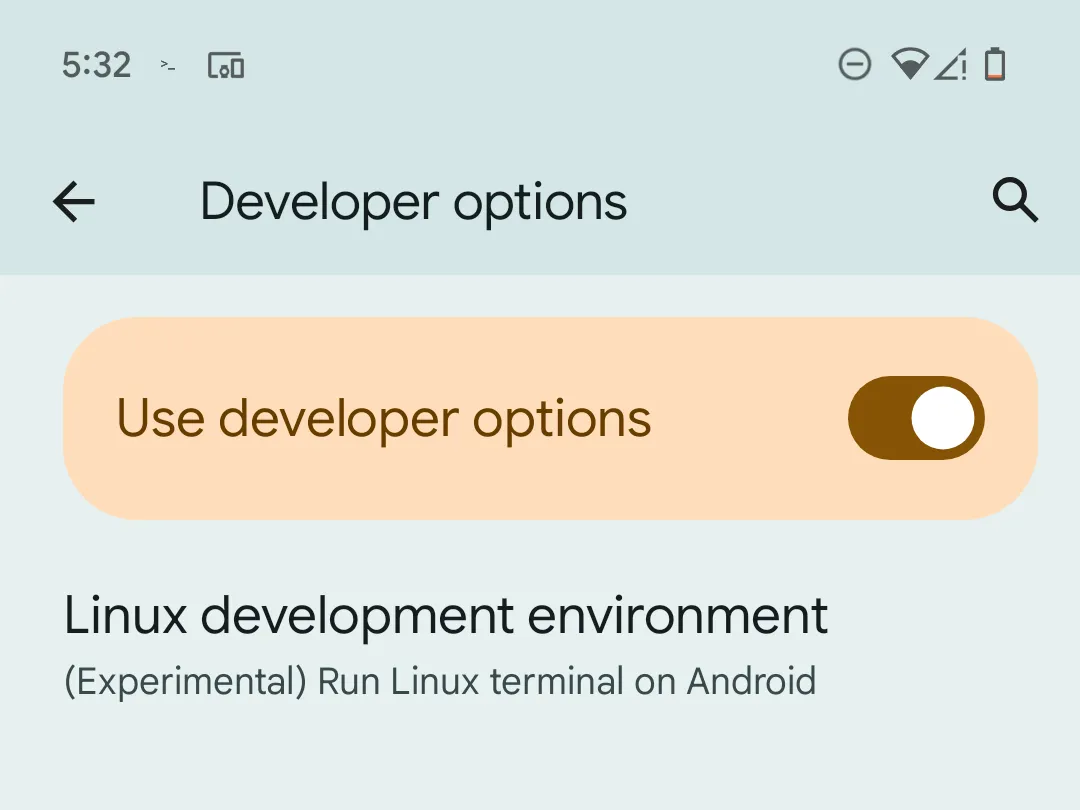 Tùy chọn &quot;Môi trường phát triển Linux&quot; trong mục cài đặt nhà phát triển Android trên Pixel