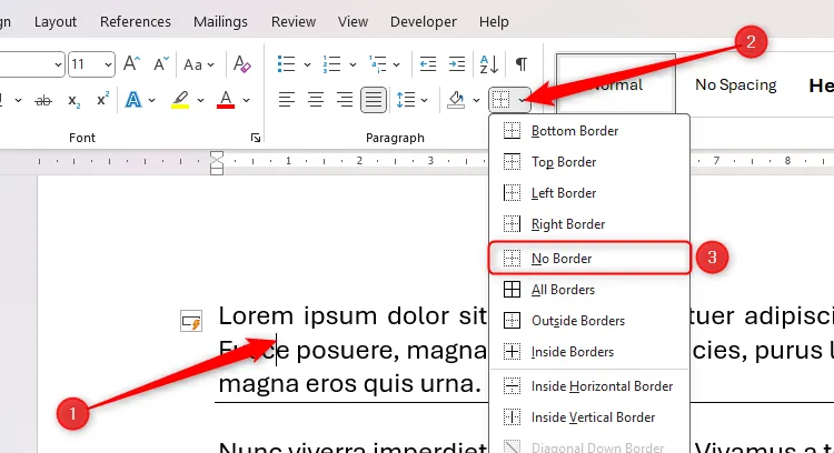 Tùy chọn &quot;No Border&quot; trong menu thả xuống &quot;Borders&quot; để xóa đường kẻ ngang trực tiếp
